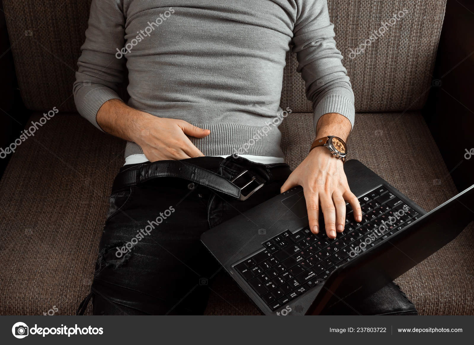 Adult Vedios Downlod - Man Watches Adult Video Laptop While Sitting Couch Concept Porn Stock Photo  by Â©MarkoAliaksandr 237803722