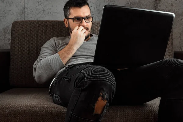 Man Watches Adult Video Laptop While Sitting Couch Concept Porn — Stock fotografie