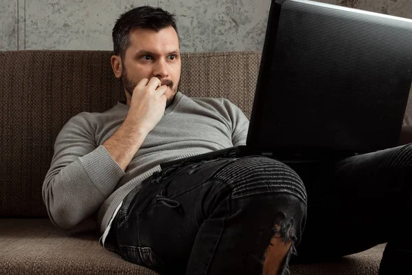 Man Watches Adult Video Laptop While Sitting Couch Concept Porn — Stock fotografie