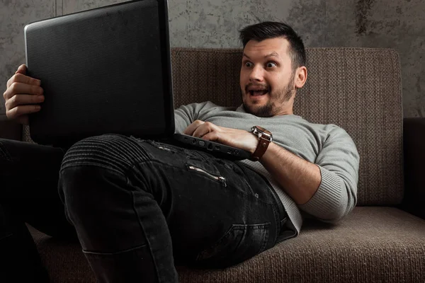 Man Watches Adult Video Laptop While Sitting Couch Concept Porn — Stock Photo, Image