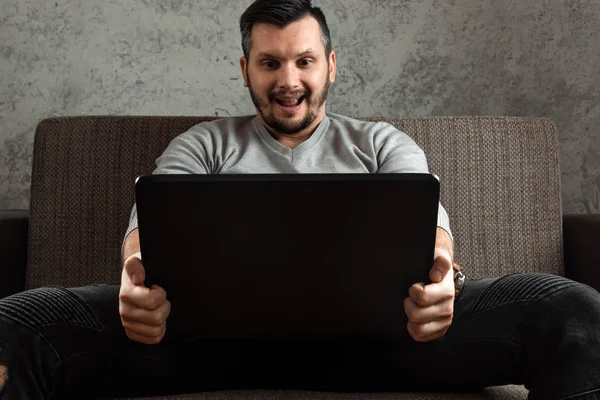 Man Watches Adult Video Laptop While Sitting Couch Concept Porn — Stock Photo, Image