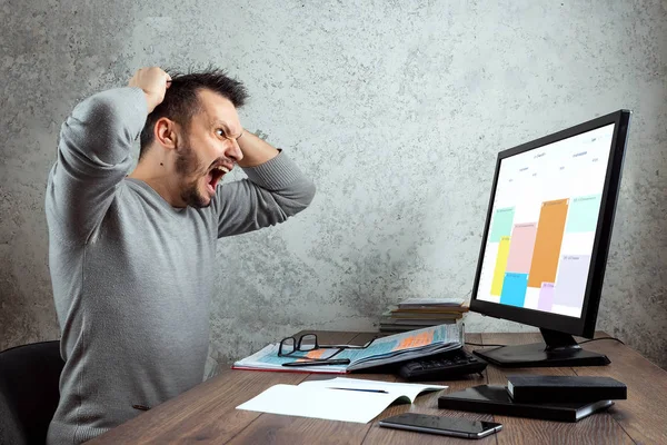 Angered Man Man Sitting Table Office Screaming Anger His Mouth — Stock Photo, Image