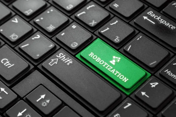 Closeup Green Button Word Robotization Black Keyboard Creative Background Copy — Stock Fotó