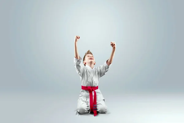 Sfondo Creativo Bambino Kimono Bianco Gioisce Della Vittoria Uno Sfondo — Foto Stock