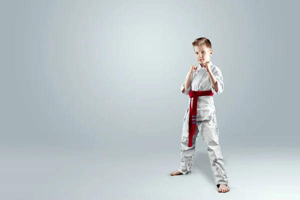 Creative background, a child in a white kimono in a fighting stance, on a light background. The concept of martial arts, karate, sports since childhood, discipline, first place, victory. copy space.