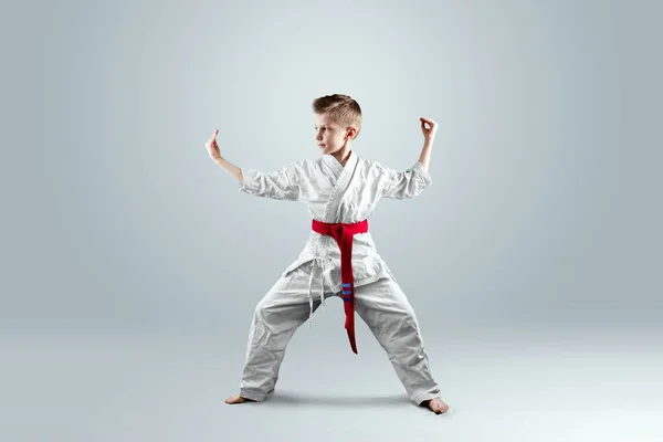 Creative Background Child White Kimono Fighting Stance Light Background Concept — Stock Photo, Image