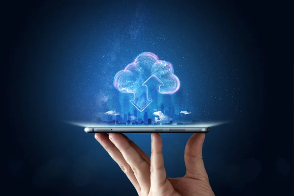 Творческий Фон Мужская Рука Телефоном Изображение Голограммы Облака Синий Фон — стоковое фото