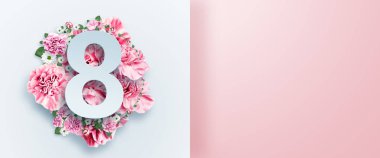 Yaratıcı tasarım promosyon afiş, Pink tasarım, ışık arka plan, kadınlar günü, sekizinci Mart, sıcak satış, indirimler. Afiş, kopya alanı. Mockup, yazdırmak için yatay el ilanı.