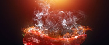 Yaratıcı tasarım promosyon afiş, yanan kırmızı biber, sıcak satış, indirimler. Afiş, kopya alanı. Mockup, yazdırmak için yatay el ilanı.