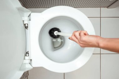Yakın çekim, tuvalet fırçası el yıkar. Temizlik ev, hijyen, tuvalet, mikroplar kavramı.