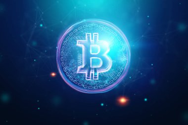 Bitcoin hologram, ultraviyole yaratıcı arka plan. Cryptocurrency, elektronik para, blockchain teknoloji, finans, kopyalama alanı.