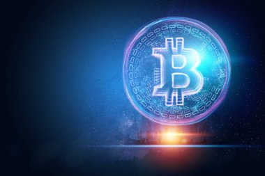 Bitcoin hologram, ultraviyole yaratıcı arka plan. Cryptocurrency, elektronik para, blockchain teknoloji, finans, kopyalama alanı.