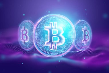 Bitcoin hologram, ultraviyole yaratıcı arka plan. Cryptocurrency, elektronik para, blockchain teknoloji, finans, kopyalama alanı.