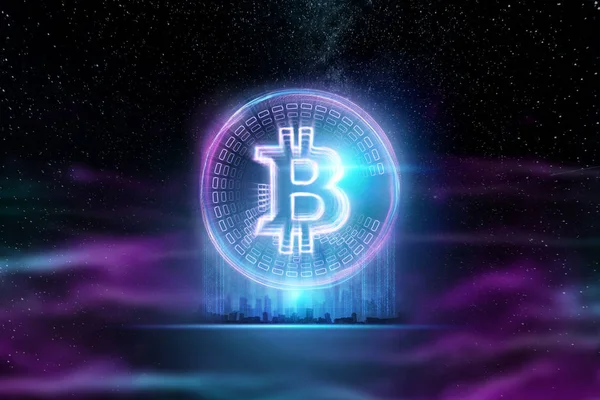 Bitcoin Hologram Ultraviyole Yaratıcı Arka Plan Cryptocurrency Elektronik Para Blockchain — Stok fotoğraf
