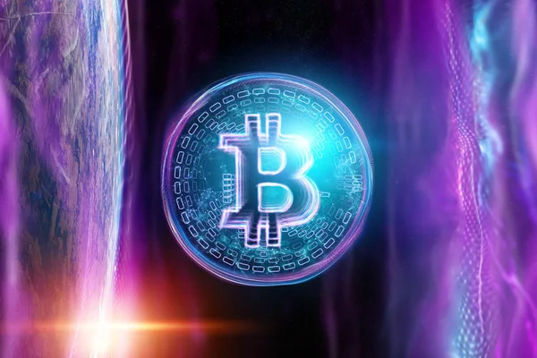 Bitcoin Hologram Ultraviyole Yaratıcı Arka Plan Cryptocurrency Elektronik Para Blockchain — Stok fotoğraf