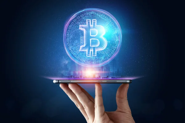 Mannenhand Bitcoin Hologram Ultraviolet Creatieve Achtergrond Cryptocurrency Elektronisch Geld Blockchain — Stockfoto