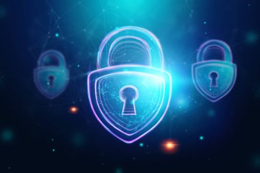 Yaratıcı, ultraviyole arka plan, Hologramın kilit. Güvenlik, güvenli, veri gizliliği, veri koruma, cryptocurrency, siber otak kavramı. Kopya alanı.