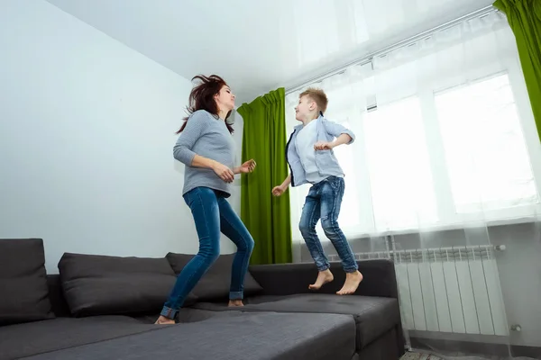 Happy Family Mom Son Spend Time Together Fooling Bed Beating — Stock Photo, Image