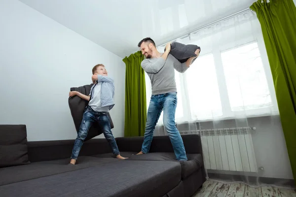 Happy Family Dad Son Spend Time Together Fooling Bed Beating — Stock Photo, Image