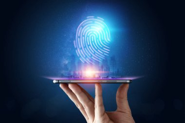 Hologram parmak izi, akıllı telefonda parmak izi taraması, mavi arka plan, ultraviyole. parmak izi, biyometri, bilgi teknolojisi ve siber güvenlik kavramıdır. Karışık medya.