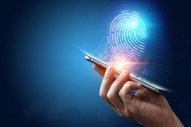 Hologram parmak izi, akıllı telefonda parmak izi taraması, mavi arka plan, ultraviyole. parmak izi, biyometri, bilgi teknolojisi ve siber güvenlik kavramıdır. Karışık medya.