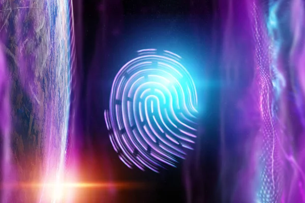 Futuristischer Hologramm-Fingerabdruck, blau, ultraviolett. Konzept Fingerabdruck, biometrische Daten, Informationstechnologie und Cyber-Sicherheit, Technologie, Datenschutz. 3D Illustration, 3D Rendering. — Stockfoto