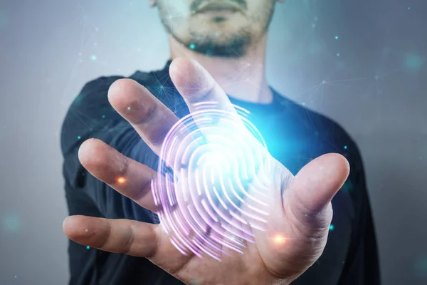 Empreinte digitale de l'hologramme, empreintes digitales de la main masculine. concept d'empreintes digitales, de biométrie, de technologie de l'information et de cybersécurité. Techniques mixtes . — Photo