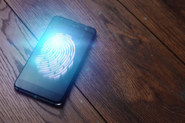 Hologram fingerprint, fingerprint scan on a smartphone, blue background, ultraviolet. concept of fingerprint, biometrics, information technology and cyber security. Mixed media.