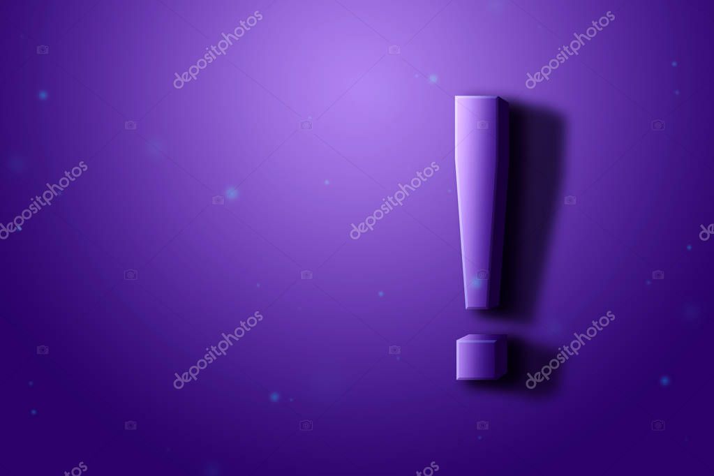Creative background, Warning, attention, danger concept. Exclamation mark on a purple background, banner, copy space. 3d illustration, 3D rendering