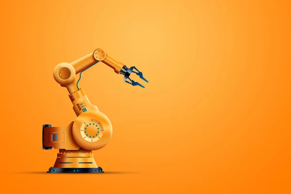 Robotisering, industriële robot manipulator, oranje op een oranje achtergrond. Het concept van een tekort aan banen, robots tegen mensen, de vermindering van de mens, de industriële revolutie. — Stockfoto