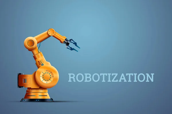 Robotization, teollisuuden robotti manipulaattori, oranssi sinisellä pohjalla. Työpaikkojen puute, robotit ihmisiä vastaan, ihmisten vähentäminen, teollinen vallankumous . — kuvapankkivalokuva