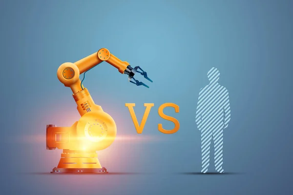 Robotizzazione, manipolatore robot industriale, arancione e la silhouette di un lavoratore licenziato su sfondo blu. Il concetto di carenza di posti di lavoro, robot contro le persone, ridurre l'uomo . — Foto Stock