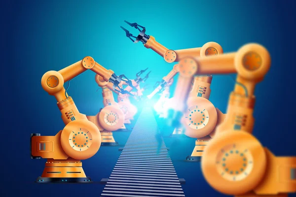 Robotizzazione, manipolatore robot industriale, arancio, trasportatore moderno automatizzato. Il concetto di carenza di posti di lavoro, robot contro le persone, ridurre l'uomo . — Foto Stock