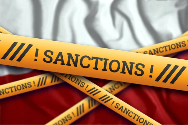 Kreatív háttérrel, a felirat a Lengyel zászló, szankciók, sárga vívó szalagot. A szankciók, politikák, feltételek, követelmények, kereskedelmi háborúk fogalma. 3D renderelés, 3D illusztráció — Stock Fotó
