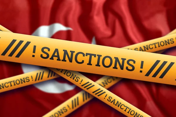 Kreatív hátteret, a felirat a zászló Törökország, szankciók, sárga vívó szalagot. A szankciók, politikák, feltételek, követelmények, kereskedelmi háborúk fogalma. 3D renderelés, 3D illusztráció — Stock Fotó