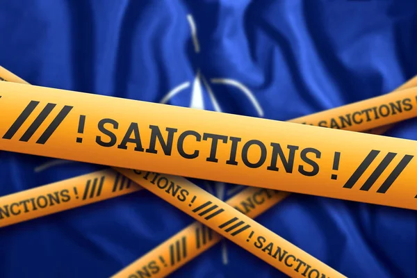 Kreatív háttér, a felirat a NATO-zászló, szankciók, sárga kerítés szalagot. A szankciók, politikák, feltételek, követelmények, kereskedelmi háborúk fogalma. 3D renderelés, 3D illusztráció — Stock Fotó