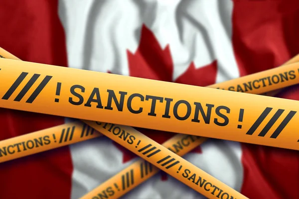 Kreatív háttér, a felirat a zászló Kanada, szankciók, sárga vívó szalagot. A szankciók, politikák, feltételek, követelmények, kereskedelmi háborúk fogalma. 3D renderelés, 3D illusztráció — Stock Fotó