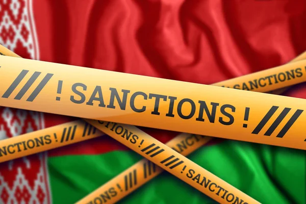 Creative background, the inscription on the flag of Belarus, sanctions, yellow protective tape. The concept of sanctions, policies, conditions, requirements, trade wars. 3d rendering, 3d illustration — Stock Photo, Image