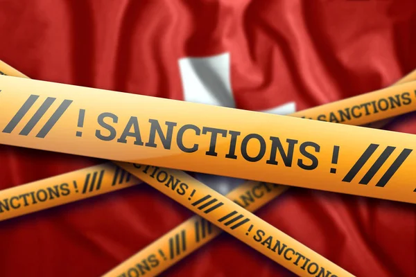 Kreatív háttérrel, a felirat a svájci zászló, szankciók, sárga vívó szalagot. A szankciók, politikák, feltételek és követelmények fogalma. 3D renderelés, 3D illusztráció — Stock Fotó