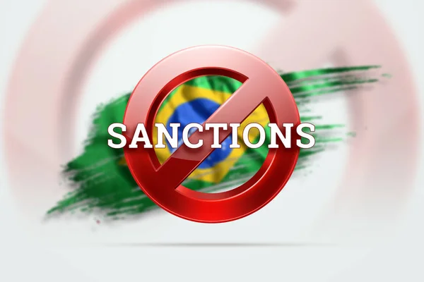 A tilalom előjele a brazil lobogót szankcionáló szankciók felirata. A szankciók és embargó fogalma, importtilalom, politika, 3D renderelés, 3D illusztráció. — Stock Fotó