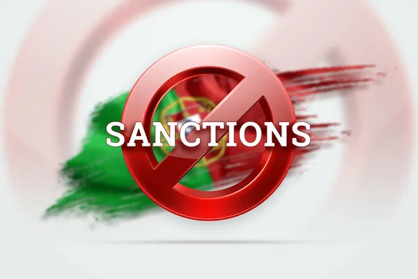 A tilalom előjele, a Portugália lobogója alatti szankciók felirata. A szankciók és embargó fogalma, importtilalom, politika, 3D renderelés, 3D illusztráció. — Stock Fotó