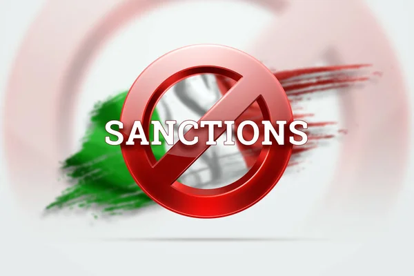 A tilalom jele, az Olaszország zászlajára vonatkozó szankciók felirata. A szankciók és embargó fogalma, importtilalom, politika, 3D renderelés, 3D illusztráció. — Stock Fotó