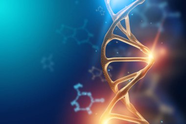 Yaratıcı arka plan, DNA yapısı, mavi arka planda DNA molekülü, ultraviyole. 3D render, 3D illüstrasyon. Tıp kavramı, araştırma, deneyler, deney, virüs, hastalık.