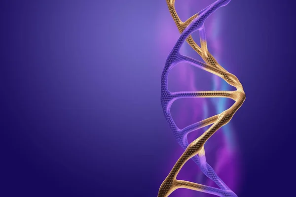 Fundo criativo, estrutura de dna, molécula de DNA dourado em fundo violeta, ultravioleta. renderização 3d, ilustração 3d. O conceito de medicina, pesquisa, experimentos, experiência, vírus, doença . — Fotografia de Stock