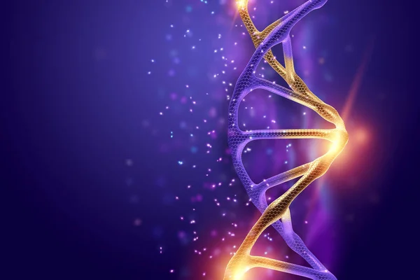 Fundo criativo, estrutura de dna, molécula de DNA dourado em fundo violeta, ultravioleta. renderização 3d, ilustração 3d. O conceito de medicina, pesquisa, experimentos, experiência, vírus, doença . — Fotografia de Stock