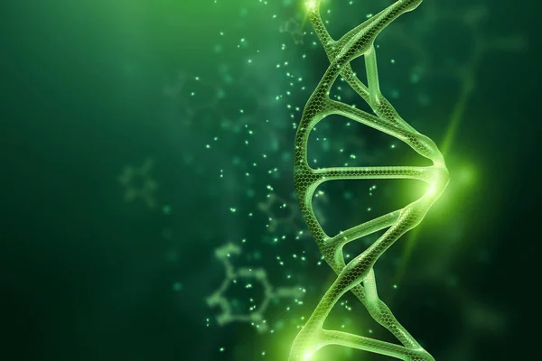 Criativa, fundo biológico, estrutura de DNA, molécula de DNA em um fundo verde. renderização 3d, ilustração 3d. O conceito de medicina, pesquisa, experimentos, experiência, vírus, doença . — Fotografia de Stock