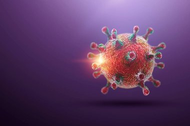 Yaratıcı arka plan, virüs molekül yakın-up vücutta, mor arka plan. Konsept biyoloji, deney, laboratuar, deney, kuantum dünyası. 3D Illustration, 3D render. Boşluk Kopyala.