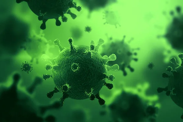 Creative background, virus molecule close-up in the body, green background. Concept biology, experiments, laboratory, experiments, quantum world. 3D illustration, 3D render. — Stock Photo, Image