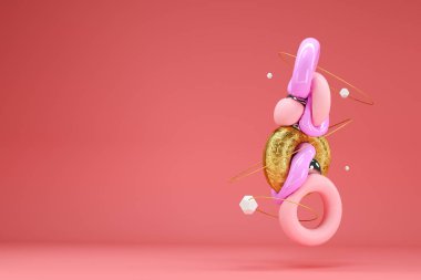 Yaratıcı arka plan, geometrik bozuk ilkel 3D render. Pembe bir arka planda hareket halinde uçan şekiller. Moda tasarımları, Trend, kopya alanı için konsept soyut tema. 3D çizim.