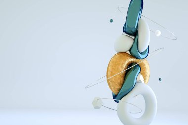 Yaratıcı arka plan, geometrik bozuk ilkel 3D render. Beyaz bir arka planda hareket halinde uçan şekiller. Moda tasarımları, Trend, kopya alanı için konsept soyut tema. 3D çizim.